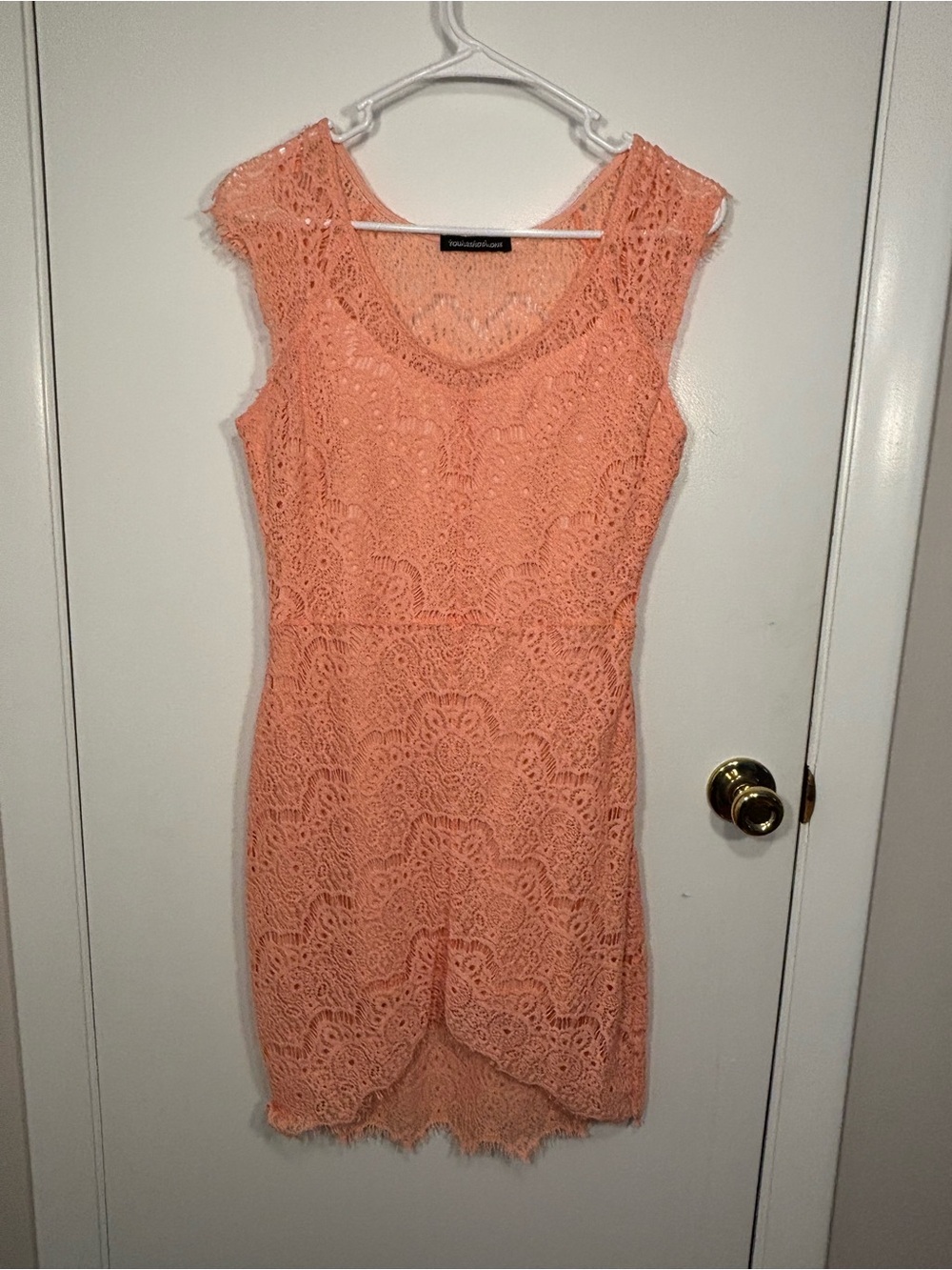 You Are Not Alone Coral Crochet Lace Dress Peach Bodycon Tulip Hem